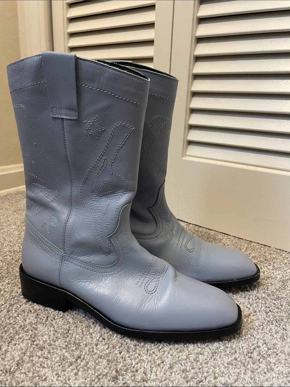 Zara Light Blue cowboy Boots Sz 37 (7 US) inside zipper mid calf faux leather